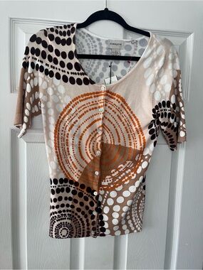 Abstract Dot Short-Sleeve Button Cardigan in Tan & Orange